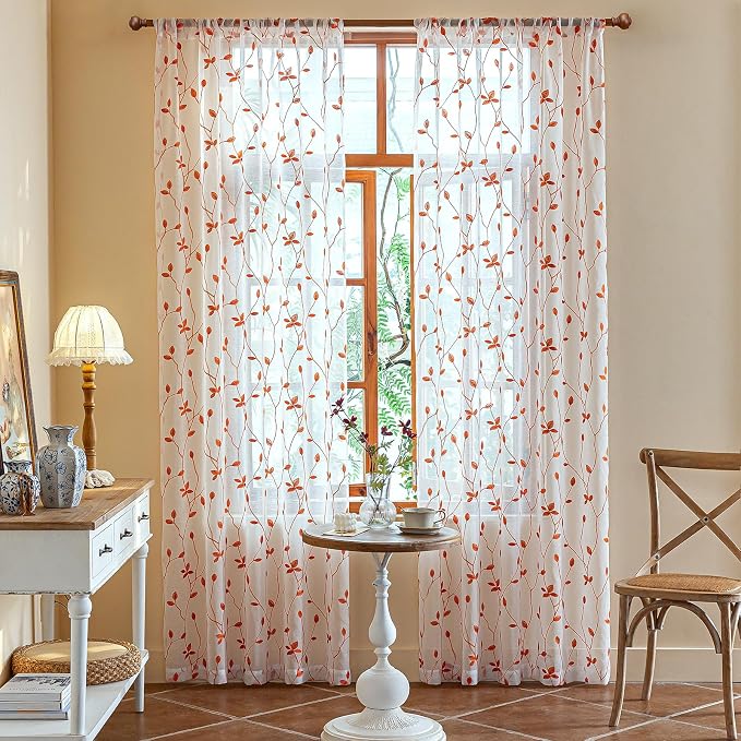 AmHoo 2 Panels Embroidered Leaf Pattern Semi Sheer Curtains Foliage Floral Voile Window Draperies Treatment for Bedroom Living Room Rod Pocket White Burnt Orange 53 x 95 Inch