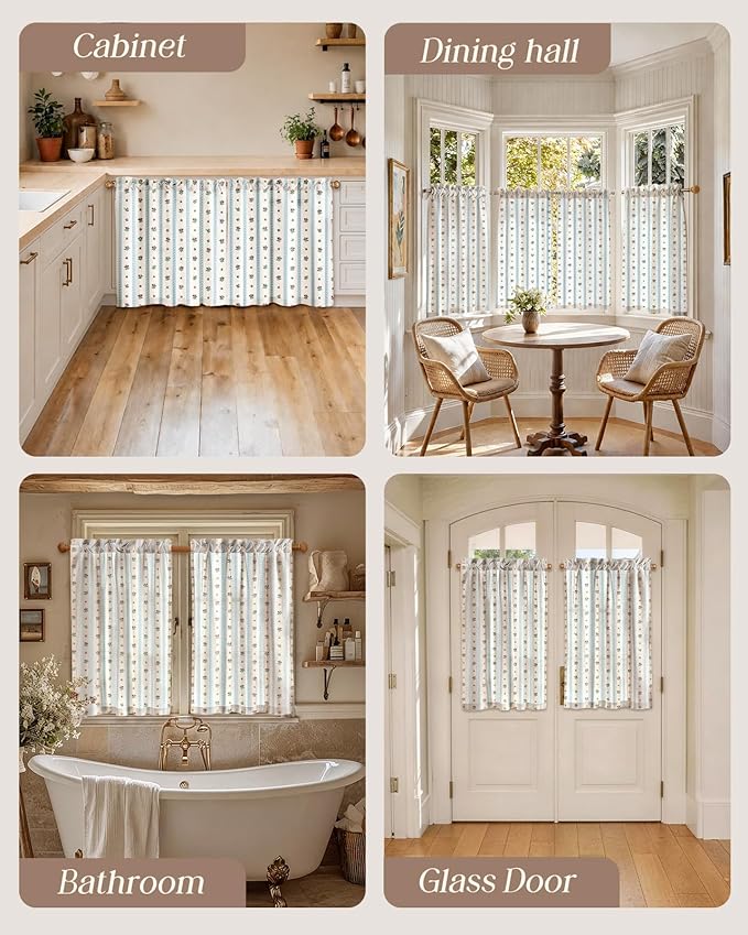 Miss Adola Farmhouse Kitchen Tier Curtains - 40 Inch Length Linen Blend Boho Cafe Curtains Blue Floral Small Window Treatments Over Sink Rod Pocket for Bathroom Living Room Light Filtering, 3 Panels