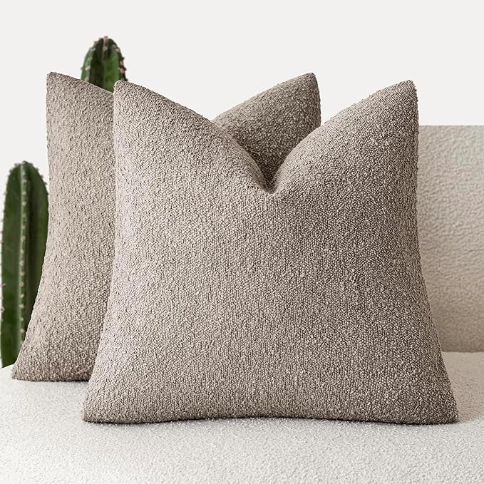 Foindtower Pack of 2 Textured Boucle Throw Pillow Covers Accent Solid Pillow Cases Cozy Soft Decorative Couch Cushion Case for Chair Sofa Bedroom Living Room Home Decor 18x18 Inch Light Taupe