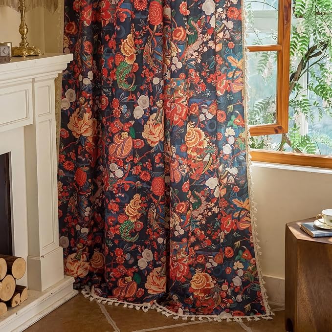 OYX Boho Floral Curtains 63 Inch, Linen Farmhouse Flower Drapes with Lace & Tassels, Light Filtering Semi Sheer Curtains for Living Room Bedroom, 2 Panels