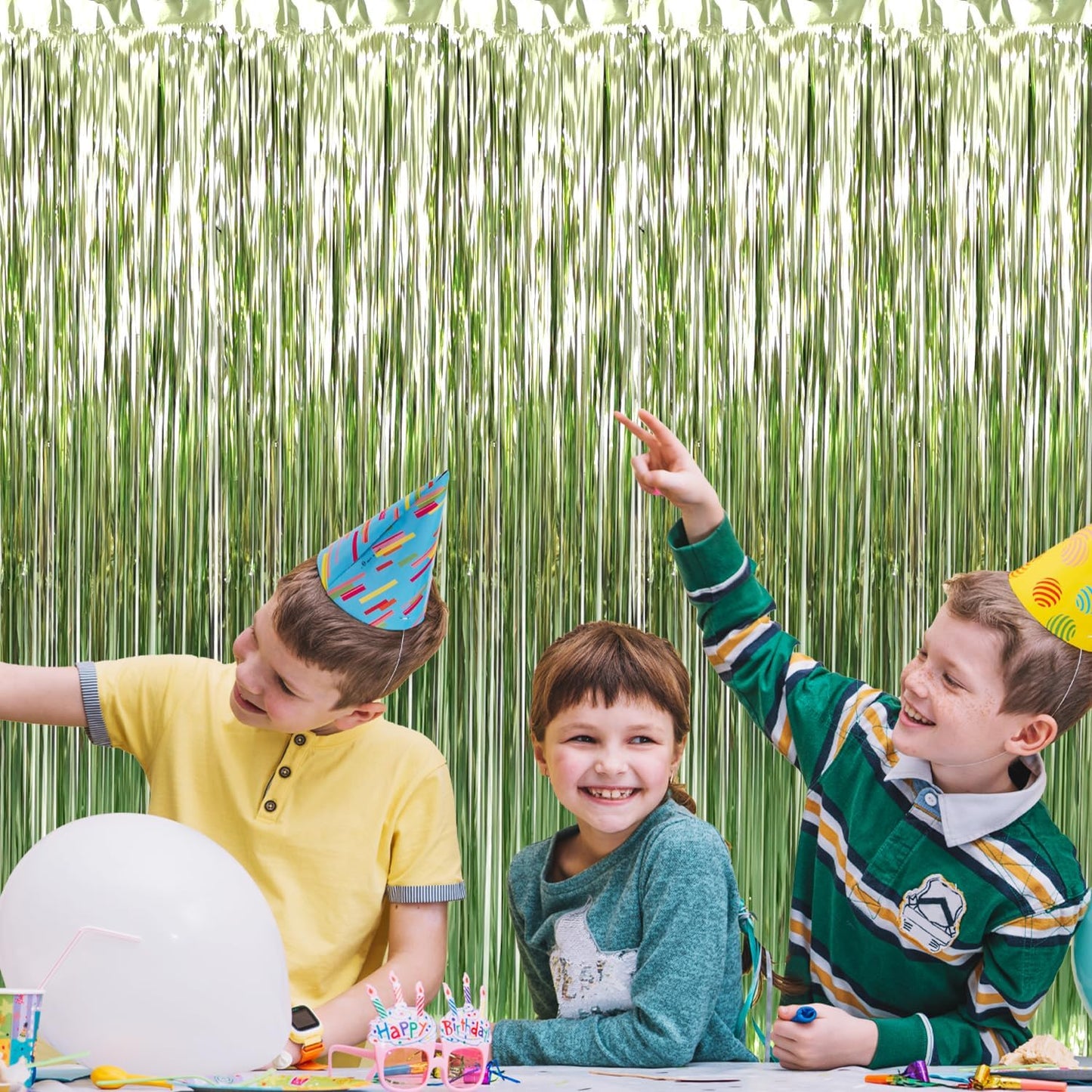 GOER 3.2 ft x 9.8 ft Metallic Tinsel Foil Fringe Curtains,Pack of 2 Party Streamer Backdrop for Birthday,Graduation Decorations and New Year Eve (Sage Green)