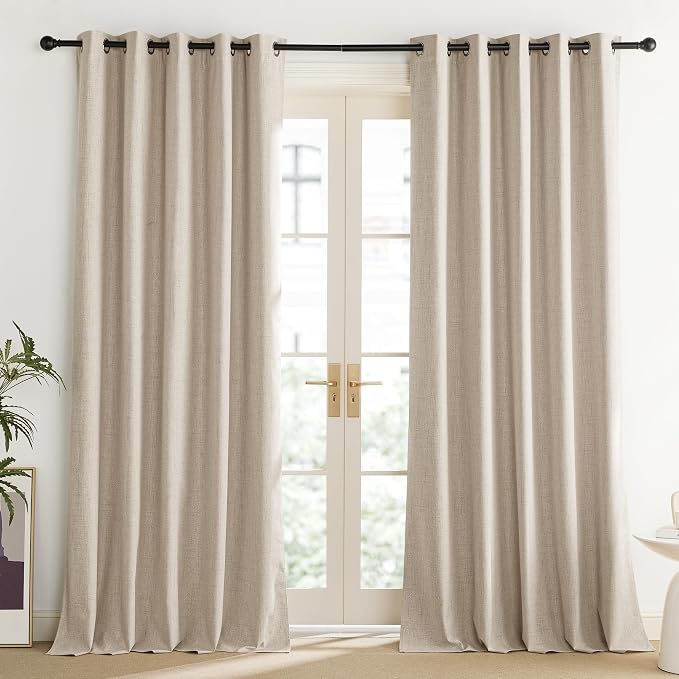 NICETOWN Cream 100% Blackout Linen Curtains 84 inch Long Burg for Living Room, 1 Pair, 62" Width Each Panel, Farmhouse Thick Completely Blackout Window Treatment Thermal Insulated Drapes