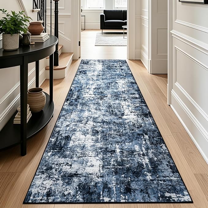 Rugflix 2'6"x8' Runner Rug for Hallway, Washable Navy Blue Long Runners | Machine Washable; Stain-resistant; Low Pile; Non-slip; Modern Abstract; Black Carpet for Entrance Kitchen Hallway Home