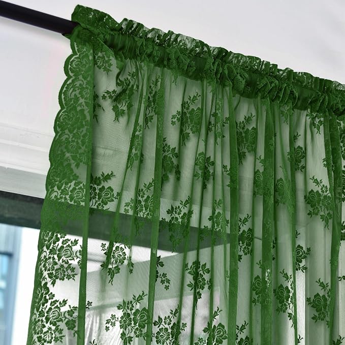 Dark Olive Green Sheer Curtains 90 Inches Long 2 Panels Set Country Floral Rustic Vintage Emerald Green Lace Curtains for Living Room Bedroom, Rod Pocket Privacy Forest Green Drapes, Each 52 x 90 Inch
