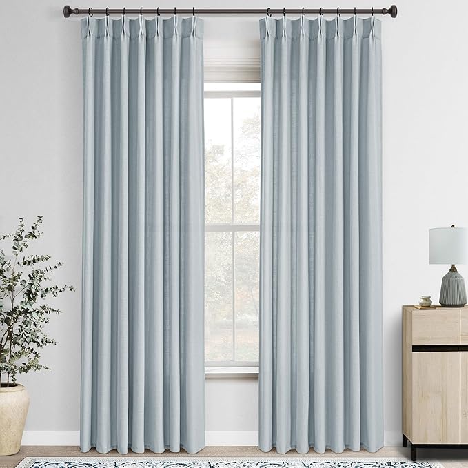 Light Blue Pinch Pleated Linen Curtains 84 inches Long with Clips and Hooks for Boys Bedroom Elegant Neutral Farmhouse Dusty Blue Semi Sheer Pleat Drapes Living Room 40"x84" 2 Panels Grey Blue