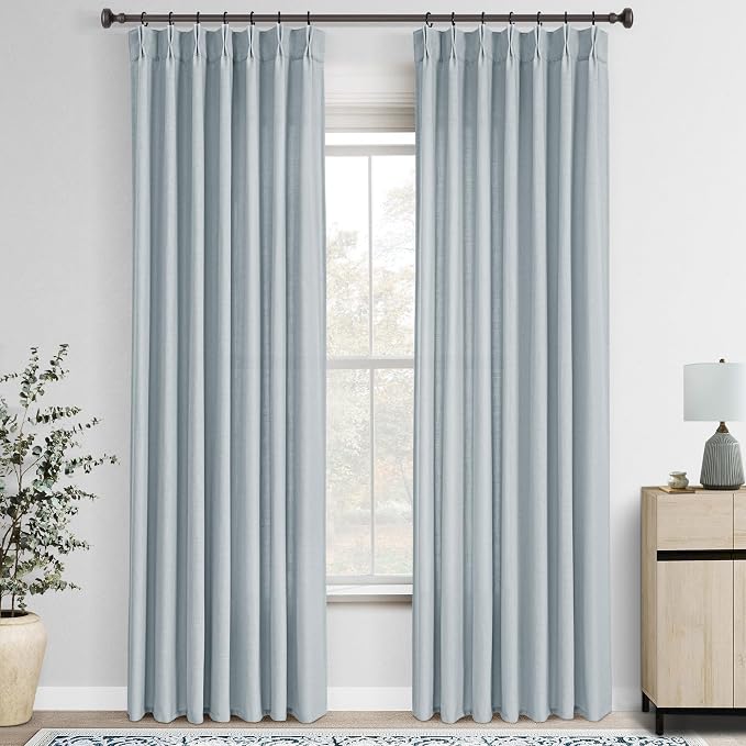 Light Blue Pinch Pleated Linen Curtains 90 inches Long with Clips and Hooks for Boys Bedroom Elegant Neutral Farmhouse Dusty Blue Semi Sheer Pleat Drapes Living Room 40"x90" 2 Panels Grey Blue