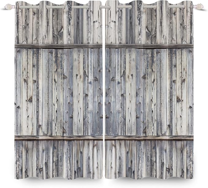 Wooden Barn Doors Kitchen Curtains,Wood Planks Rustic Farm Farmhouse Window Curtains Country Retro Western Vintage Grey Window Curtain Treatments Bedroom Living Room Decor,53x96 inch,2 Panels