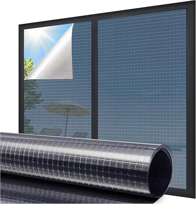 Coavas One Way Privacy Window Film Reflective Window Tint for Home,Static Cling Mirror Heat Blocking Covering See Out Not in,Anti-Uv House Daytime Privacy, Blue-Silver,35.4x118.1 in