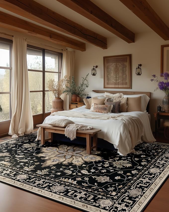RELEANY Area Rugs 6'x9' Washable Non-Slip, Floral Vintage Distress Medallion Carpet for Living Room Bedroom Dining Room, Black Brown Neutral Dark Tan