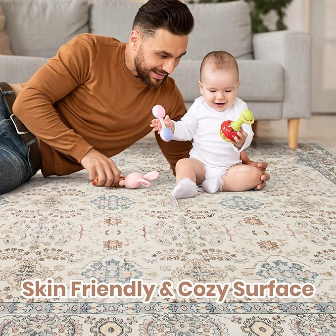 Vintage Living Room Area Rug 7x9 - Large Soft Washable Oriental Traditional Distressed Farmhouse Rugs for Bedroom - Indoor Floor Accent Carpet for Home Office House Decor - Multi