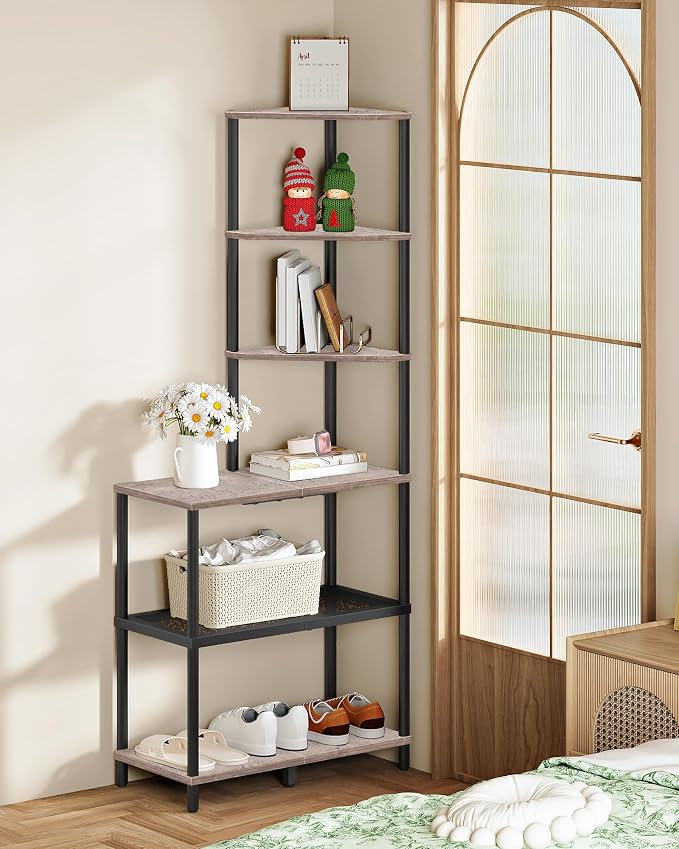 CHOEZON 6-Tier Corner Shelf, Industrial Corner Bookshelf with Desk Top, Diamond-Shaped Storage Shelves, Display Stand for Small Spaces, Living Room, Home Office, Foyer, Greige and Black TCJ70BG