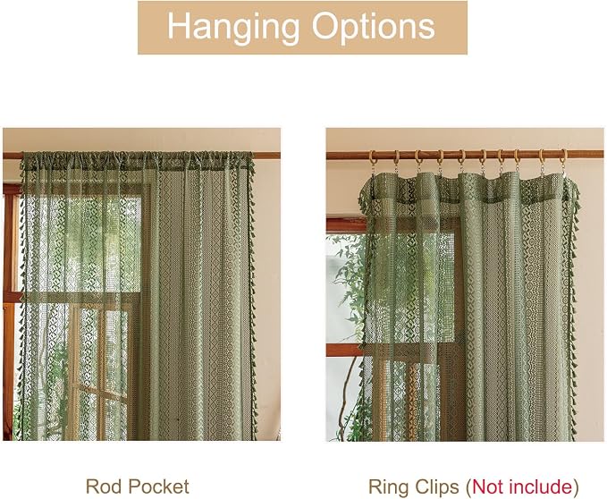 Sutuo Home Olive Green Boho Lace Curtains 84 Inches Long for Living Room&Bedroom, Bohemian Sheer Crochet Farmhouse Vintage Tassels Retro Christmas Privacy Window Curtains Rod Pocket,2 Panels 50" W