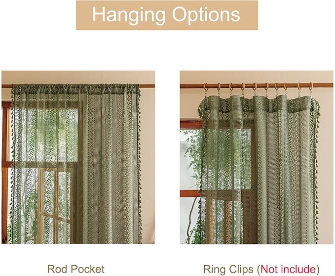 Sutuo Home Boho Lace Sheer Curtains 2 Panels for Bedroom Home Office, French Country Privacy Vintage Chic Drape Tassels Cottage Rustic Geometry Rod Pocket Christmas Decor, 50" x 108" Olive Green