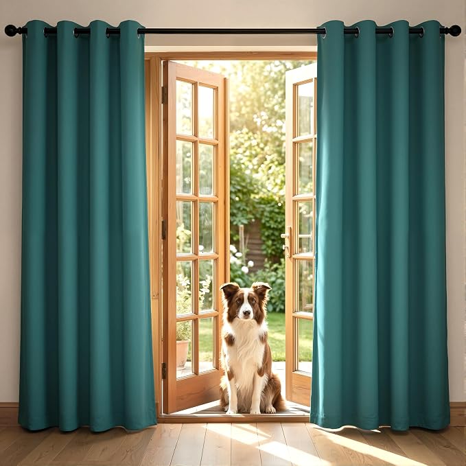 2 Panels 100% Blackout Linen-Textured Curtains, Thick Thermal Insulated Grommet Drapes with Subtle Herringbone Weave, Luxury Decor for Bedroom/Living Room, 37 x 63 Inches, Teal