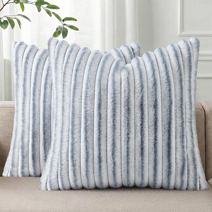 Pallene Faux Fur Plush Throw Pillow Covers 18x18 Set of 2, Luxury Soft Fluffy Striped Decorative Pillow Covers for Sofa, Couch, Living Room, Ombre Grey