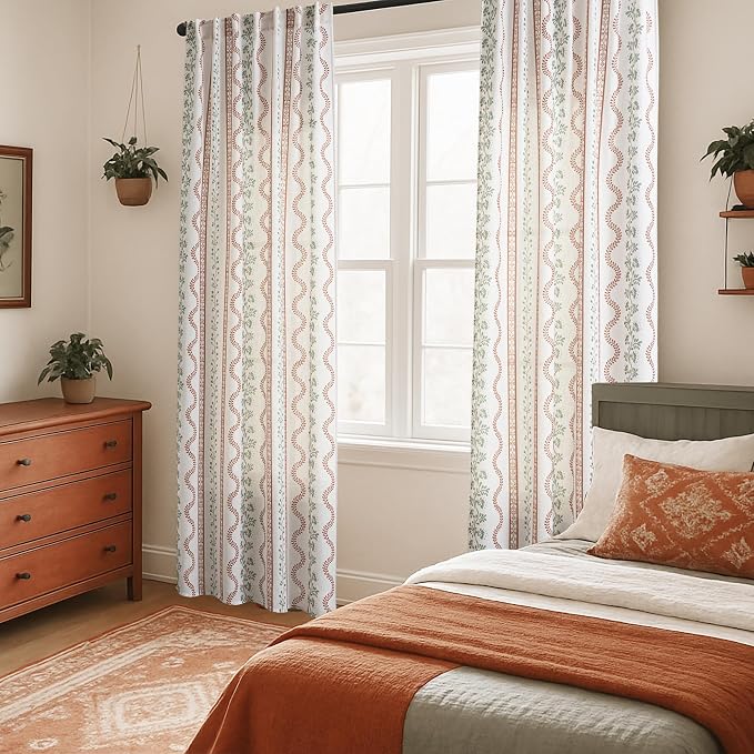 Terracotta and Green Boho Floral Linen Curtains,Farmhouse Striped Sheer Bohemian Curtains for Bedroom Living Room 96 Inches Long 2 Panel Set