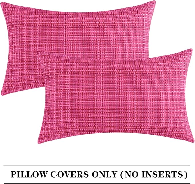 Kevin Textile Outdoor Waterproof Throw Pillow Covers 12x24 Inch Pack of 2 Woven Faux Linen Farmhouse Decorative Water Resistant Lumbar Cushion Covers for Tent Patio Garden Couch Sofa Hot Pink