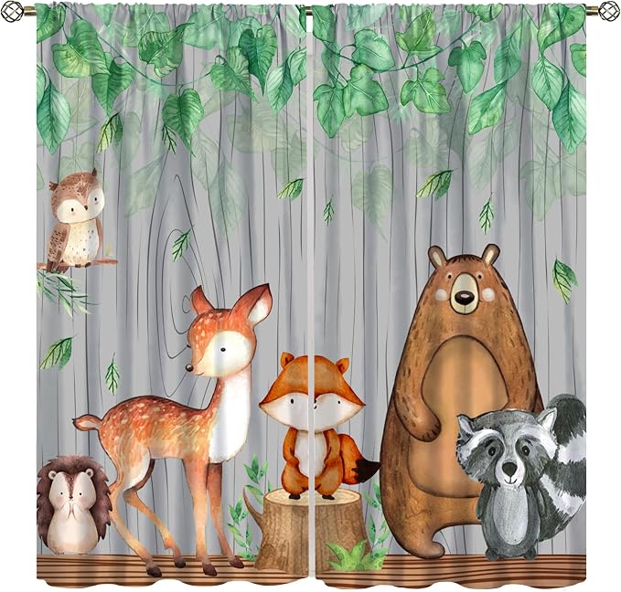 Rustic Animal Curtains, Wild Forest Animal Bear Fox Deer Kids Window Treatments for Living Room Bedroom, Farmhouse Woodland Blackout Drapes 2 Panel Sets, 52x84 Inch