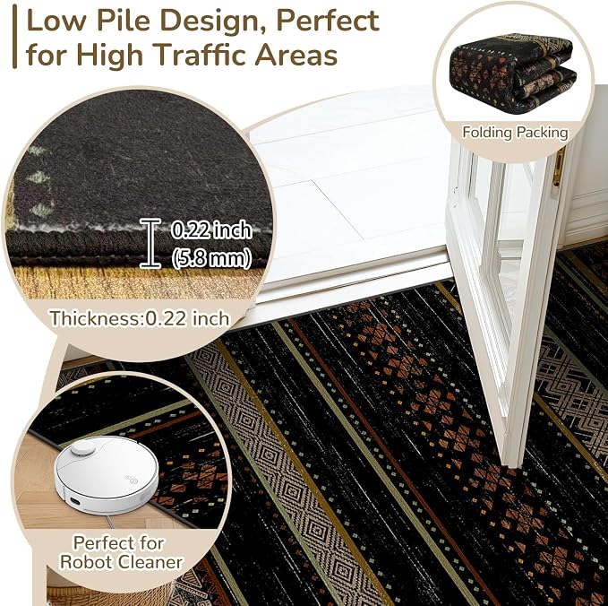 BESTSWEETIE 9x12 Area Rugs for Living Room Washable Moroccan Farmhouse Neutral Geometric Low Pile Non-Slip Soft Print Pattern Rug for Bedroom Kitchen Dining Room Entryway Black/Red/Brown/Cream/Yellow