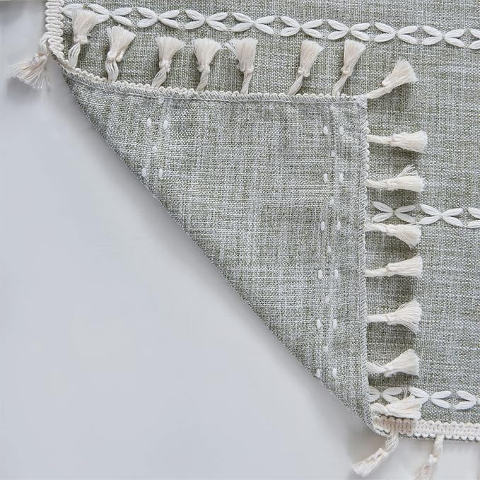 RoomTalks Green Boho Farmhouse Kitchen Curtains 45 Inch Length French Striped Modern Vintage Chic Textured Tassel Charcoal Short Cafe Curtains for Small Window Kitchen Bathroom Decor