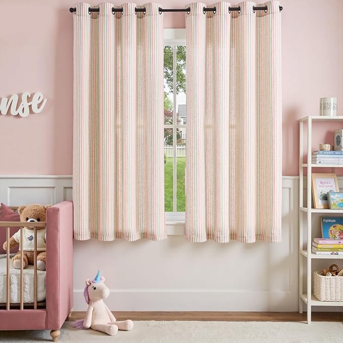 jinchan Linen Curtains for Living Room Candy Striped Curtains 63 inch Length for Baby Girls Kids Room, Ticking Stripe Pattern Light Filtering Nursery Drapes, Grommet Window Treatments, 2 Panels Candy