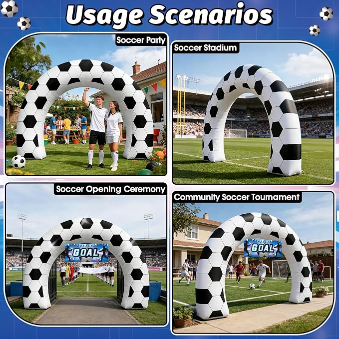 8FT Giant Soccer Inflatable Arch, Match Day Viewing Party Decorations for Fans, Soccer Sports Tournament Game Day Photo Backdrop with 1 Blower, 2 Banners & 3 LED Lights, Birthday Party Blow-Up Decor
