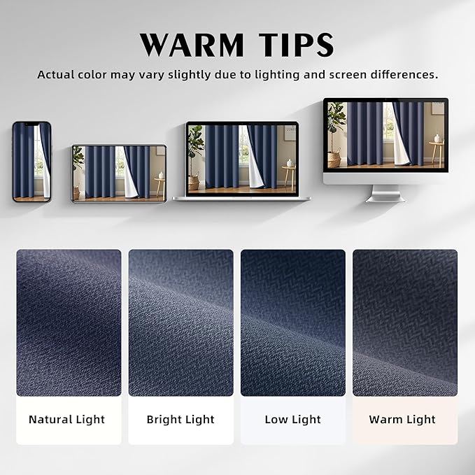 2 Panels 100% Blackout Linen-Textured Curtains, Thick Thermal Insulated Grommet Drapes with Subtle Herringbone Weave, Luxury Decor for Bedroom/Living Room, 54 x 63 Inches, Navy