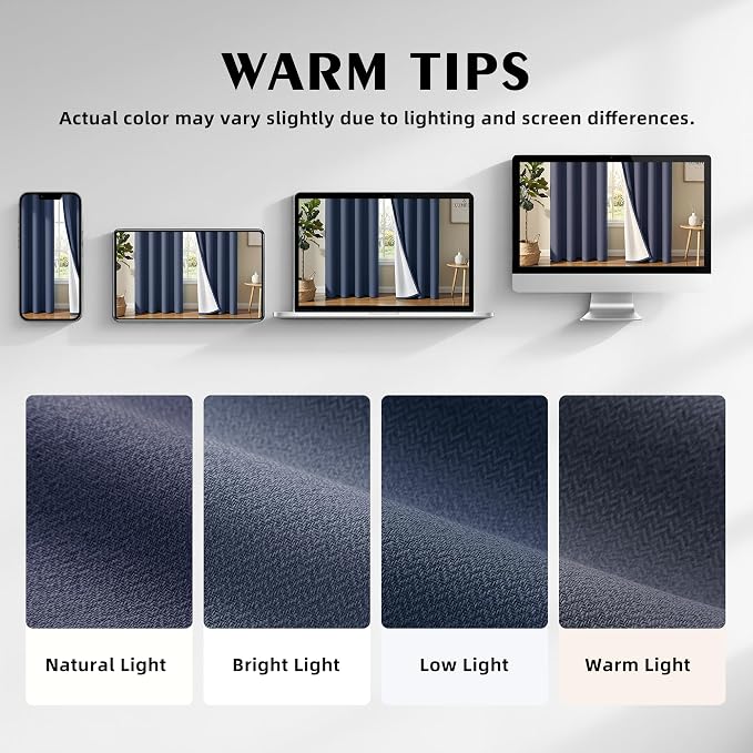 4 Panels 100% Blackout Linen-Textured Curtains, Thick Thermal Insulated Grommet Drapes with Subtle Herringbone Weave, Luxury Decor for Bedroom/Living Room, 54 x 84 Inches, Navy