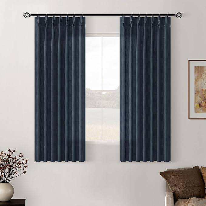 Navy Short Linen Curtains 45 Inch Length 2 Panel Set for Small Windows Dark Blue Linen Cotton Light Filtering Drapes Privacy Pinch Pleated Back Tab Semi Sheer Kitchen Curtains 45 Inches Long