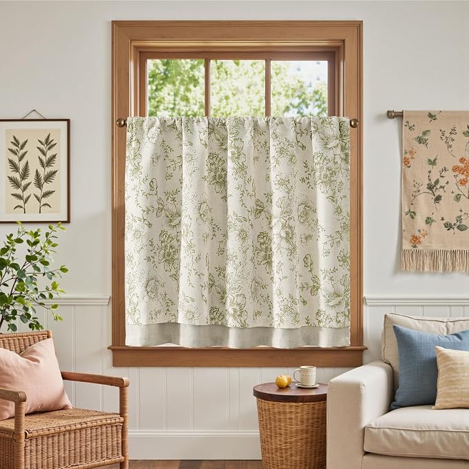 jinchan Linen Kitchen Curtain 36 Inch French Floral Double Layer Curtain Farmhouse Vintage Tier Drape Rustic Half Window Curtain for Living Room Window Treatment Rod Pocket 1 Panel Green on Beige