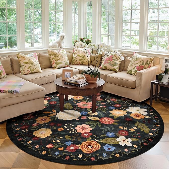 6ft Round Machine Washable Area Rug for Living Room, Black Green Vintage Boho Floral Rug Non-Slip Low Pile Soft Faux Wool Carpet Kids and Pets Friendly for Bedroom Nursery Farmhouse Home Decor Rug