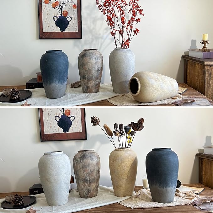 Ceramic Rustic Farmhouse Vase, 12 Inch Black Handmade Pottery Flower Vase for Home Decor, Rustic Living Room Decor, Wedding Gifts, Shelf & Table Decoration