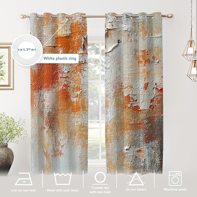 Shrahala Brushstrokes of Paint Thermal Insulated Blackout Window Curtains, Orange Grey Canvas Texture Long Drapes for Bedroom/Living Room with Plastic Grommet, 52X63 Set of 2
