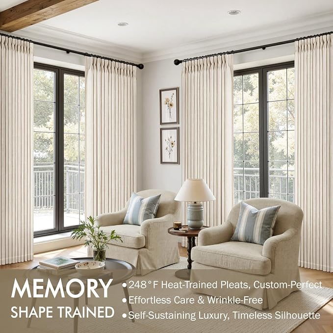 MIULEE Pinch Pleated Thick Linen Curtains 96 Inches Long 2 Panels for Living Room Bedroom, Memory Trained Pleat Drapes Light Filtering Birch Semi Sheer Window Curtains Hooks Rings Back Tab