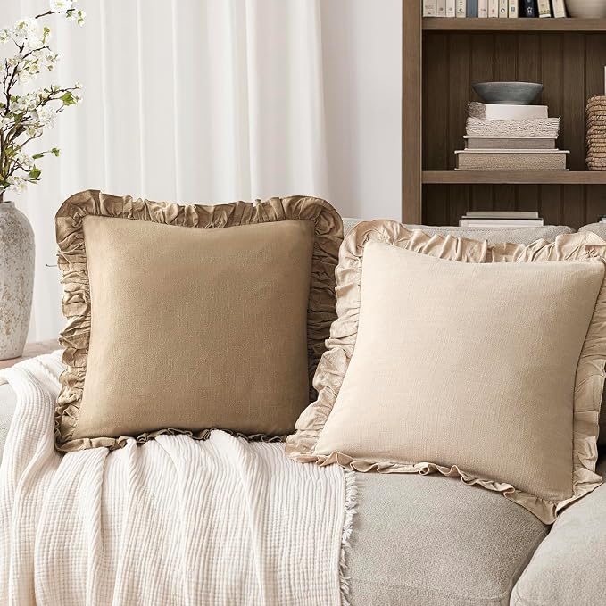 Foindtower Set of 2 Decorative Soild Fringe Ruffle Throw Pillow Covers Soft Boho Farmhouse Cushion Cover Cozy Accent Retro Pillowcase for Couch Sofa Bed Living Room Home Decor,22×22 Inch,Light Brown