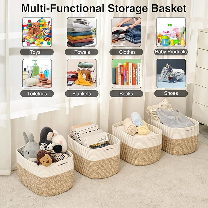 ICERZCZ Storage Baskets for Organizing & Shelves, Woven Cotton Rope Organization Bins for Dog Toys, Clothes, Books, Nursery Organizer, 15" Lx11''Wx9.5''H, (4 Packs) Off White & Brown