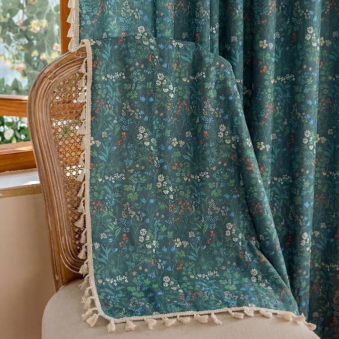 OYX Boho Floral Curtains 63 Inch, Linen Farmhouse Flower Drapes with Lace & Tassels, Light Filtering Semi Sheer Curtains for Living Room Bedroom, 2 Panels