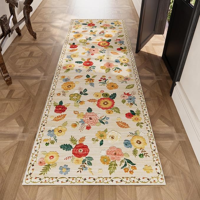 Machine Washable Rug Runners for Hallway: 2'6"x8' Kitchen Runner Rugs with Rubber Backing Non Slip Low Pile Soft Faux Wool Non Shedding Floral Carpet Runner Rug for Bedroom Entryway Living Room Indoor