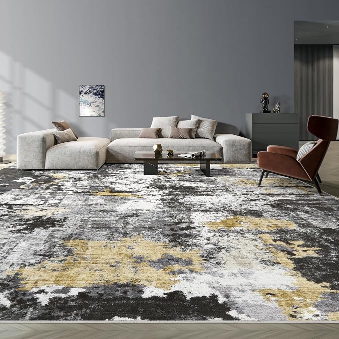 Abstract 10x12 Area Rug: Machine Washable Non Slip Ultra Thin Low-Pile Carpet, Soft Stain Resistant for Living Dining Room Bedroom, Kid Pet Friendly, Robot Vacuum Compatible - Black Gold