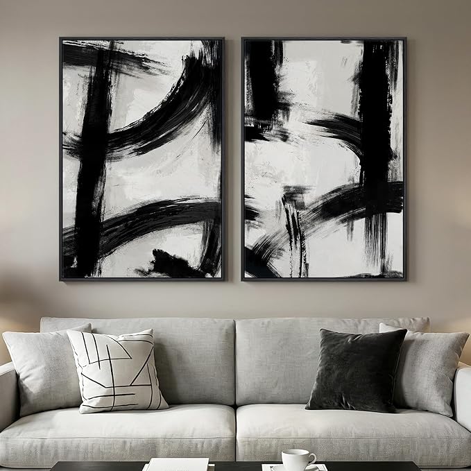 Framed Black and White Abstract Wall Art Set of 2 for Living Room, Large Mid Century Modern Canvas Artwork for Walls, Contemporary Minimalist Ink Painting Print Wall Decor for Bedroom Office, 24x36 In