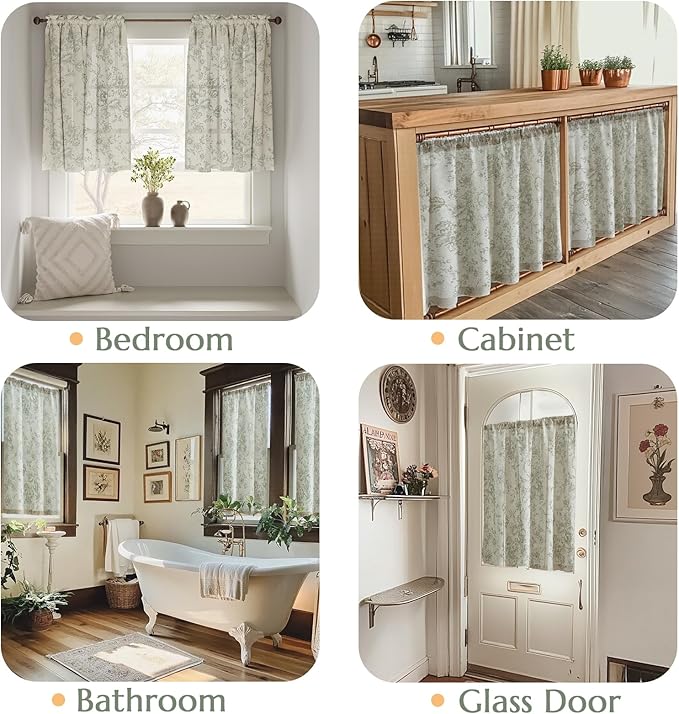 jinchan Floral Linen Tier Curtains Floral Sage on Beige Cafe Curtains 36 Inch Length Kitchen Living Room Bedroom Bathroom Farmhouse Rustic Country Rod Pocket 2 Panels