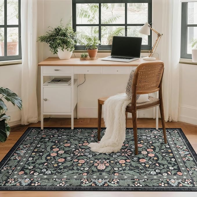 Floral Indoor Entrance 3x5 Area Rug, Washable Vintage Boho Entryway Rugs, Low Pile Non Slip Soft Carpet for Kitchen, Bedroom Beside, Laundry Room, Office Rug, Kids Room, Nursery Room，Black Green