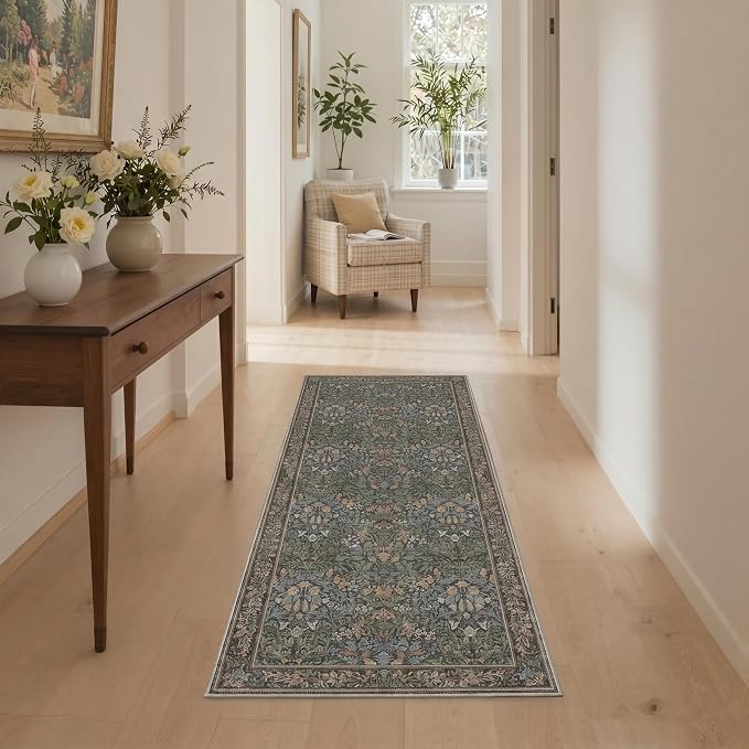 GENIMO 8x10 Washable Rug for Living Room, Non Slip, Charcoal Sage Green | Vintage Boho Floral Low Pile Thin Carpet for Bedroom, Dining Room, Nursery, Indoor Decor