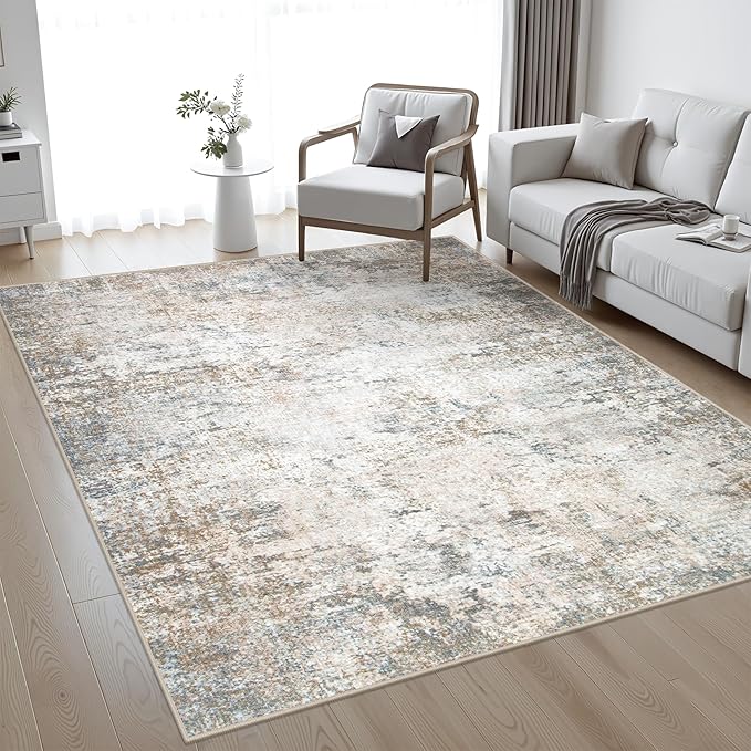 5x8 Area Rug Living Room Rug: Washable Modern Abstract Soft Thin Rug Indoor Floor No Slip Stain Resistant Carpet for Bedroom Dining Room Farmhouse Nursery Home Office - Brown Grey