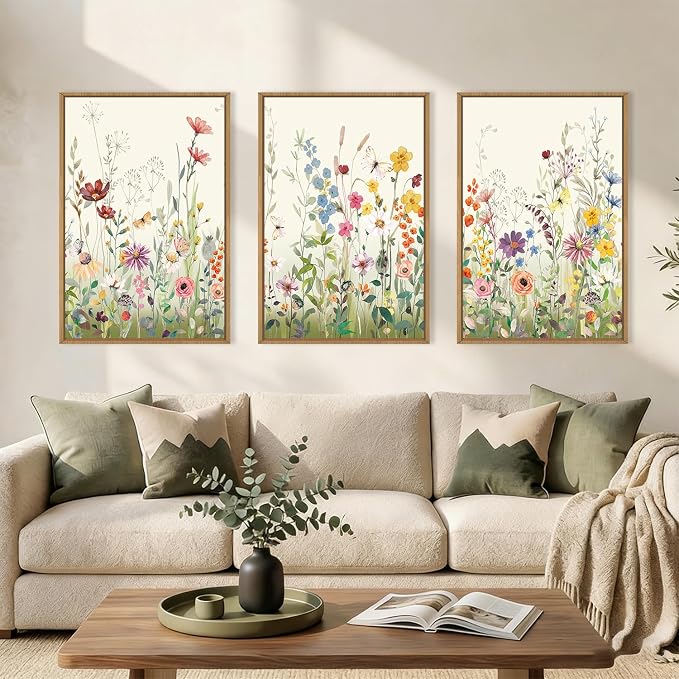 Large Watercolor Colorful Wildflower Framed Canvas Wall Art Set,Modern Natural Floral Botanical Wall Decor,Vibrant Flower Butterfly Landscape Artwork for Living Room, Bedroom,Office- 24"x36"x3