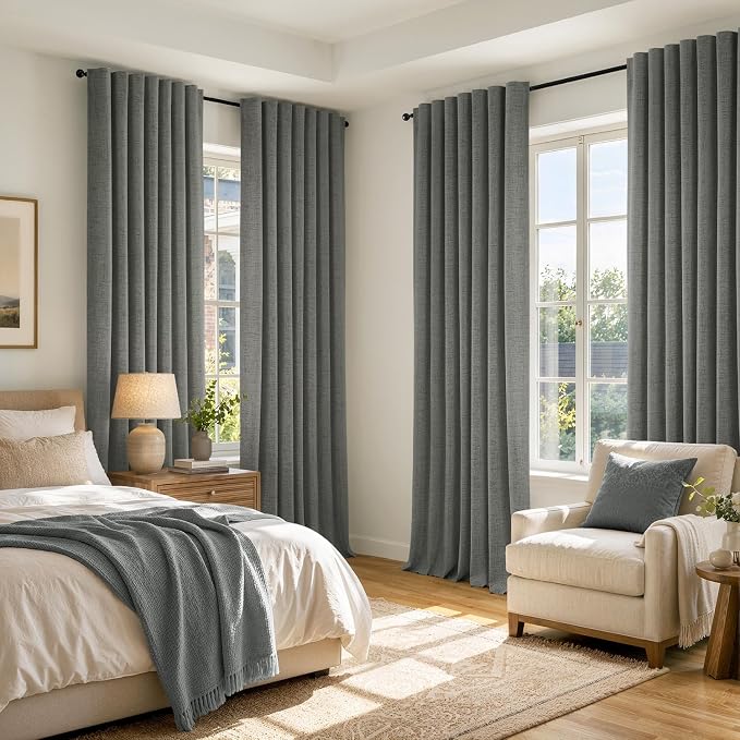 MIULEE 100% Blackout Linen Curtains for Bedroom, Dark Grey Solid Luxury Decor Thermal Insulation Room Darkening Drapes for Living Room Back Tab Rod Pocket 42 x 96 Inches, 2 Panels