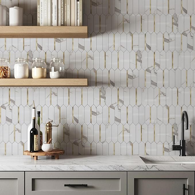 KASARO Peel and Stick Backsplash Long Hexagon Wall Tile, 10-Pieces PVC Self Adhesive Mosaic Tiles, Marble White with Vintage Gold Stripes Decorative for Kitchen, Bathroom and Fireplace