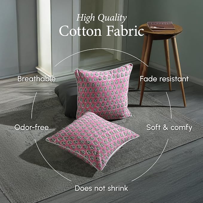 CPC 100% Cotton Throw Pillow Covers 18x18 Inch, Set of 2 Green Block Print Pattern Couch Pillow, Cute Boho Decorative Pillows for Living Room, Bedroom with Hidden Zipper- Poppy Pink