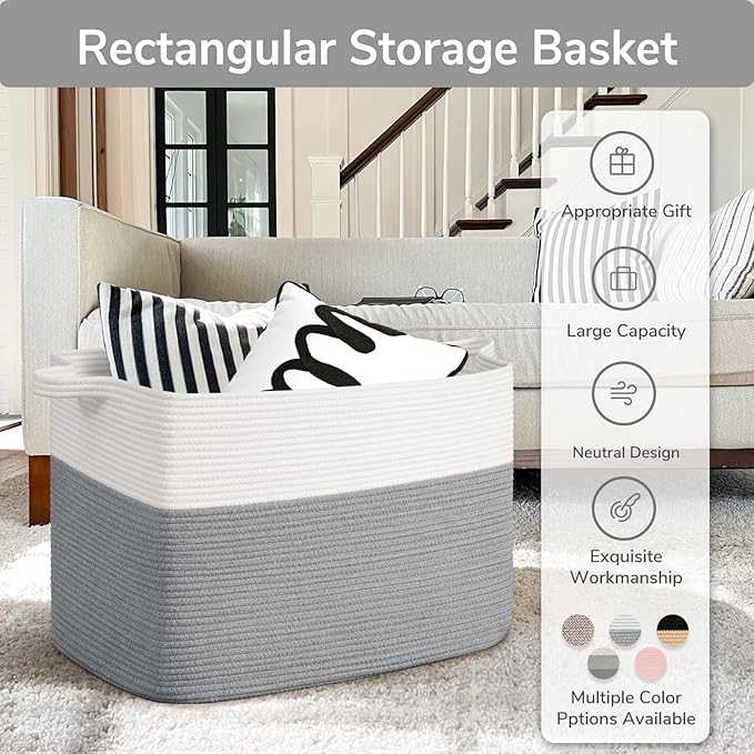 Goodpick 105L Extra Large Blanket Basket 25" x 16" x 16" Cotton Rope Storage Bins for Dirty Clothes Pillows, Decorative Woven Basket with Handles, Toy Baskets Storage Kids, Gray