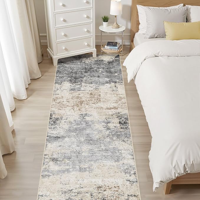 Runner Rug Kitchen Washable Rugs: 3x8 Non-Slip Abstract Soft Modern Stain Resistant Indoor Floor Neutral Accent Throw Carpet for Hallway Bathroom Laundry Room Entryway Bedroom- Grey Brown